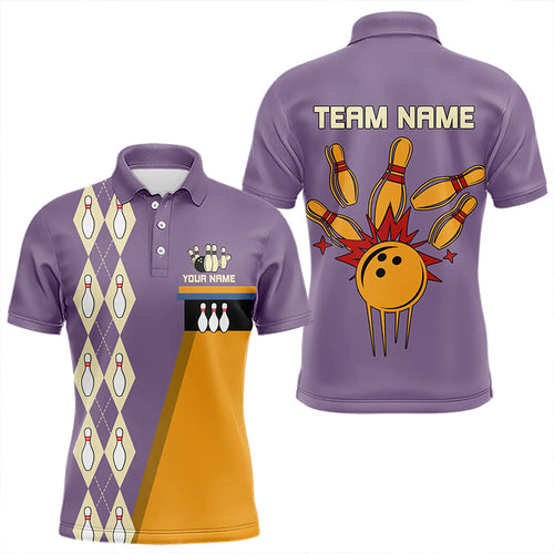 Yellow & Purple Retro Bowling Polo, Quarter Zip shirt for Men Custom vintage team bowling jersey NQS9720