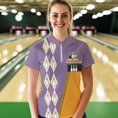 Yellow & Purple Retro Bowling Polo, Quarter Zip shirt for Women Custom vintage team bowling jersey NQS9720