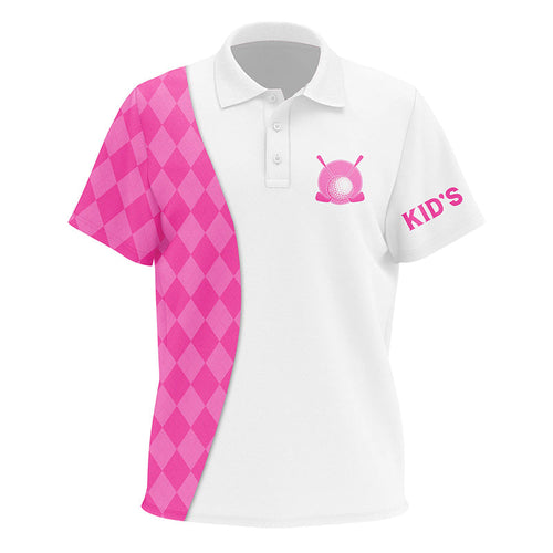 White Kid golf polos shirts custom pink argyle plaid pattern golf tops, golf apparel for Kid NQS7643