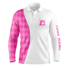 Load image into Gallery viewer, White Mens golf polo shirts custom pink argyle plaid pattern golf tops, best mens golf wear NQS7643