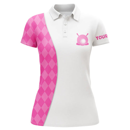 White Womens golf polo shirts custom pink argyle plaid pattern golf tops, ladies golf tops NQS7643