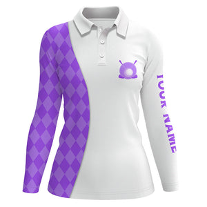 White Womens golf polo shirts custom purple argyle plaid pattern golf tops, ladies golf tops NQS7645