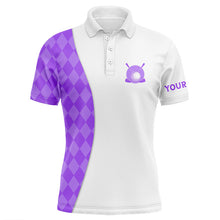 Load image into Gallery viewer, White Mens golf polo shirts custom purple argyle plaid pattern golf tops, best mens golf wear NQS7645