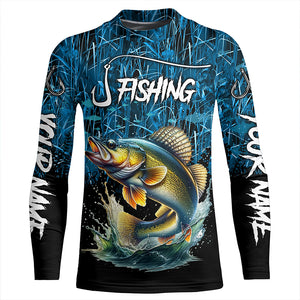 Walleye Fishing blue camo fishing Custom name UV protection long sleeves fishing shirts NQS5770