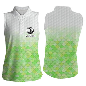 Womens sleeveless polo shirt green mermaid scales custom name pattern golf shirts, ladies golf tops NQS5979