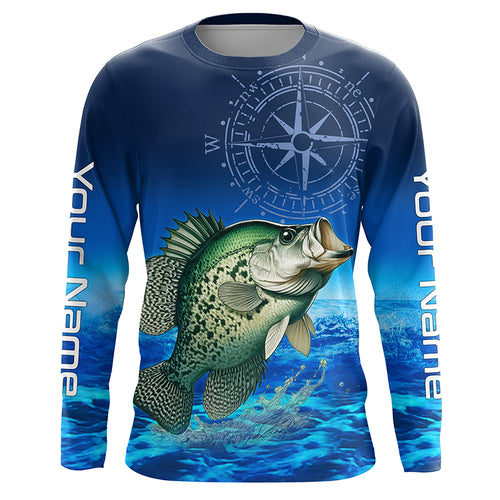 Personalized Crappie Blue Long Sleeve Performance Fishing Shirts, compass Crappie tournament Shirt NQS5983