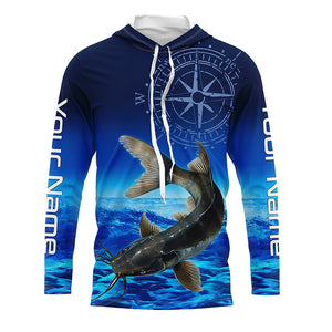 Personalized Catfish Blue Long Sleeve Performance Fishing Shirts, compass Catfish tournament Shirt NQS5984