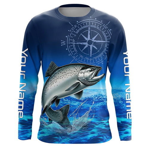 Personalized Chinook salmon Blue Long Sleeve Performance Fishing Shirts, compass tournament Shirts NQS5986