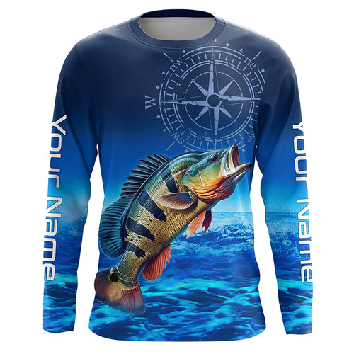 Personalized Peacock Bass Blue Long Sleeve Performance Fishing Shirts, compass Bass tournament Shirts NQS5987