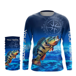 Personalized Peacock Bass Blue Long Sleeve Performance Fishing Shirts, compass Bass tournament Shirts NQS5987