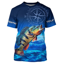 Load image into Gallery viewer, Personalized Peacock Bass Blue Long Sleeve Performance Fishing Shirts, compass Bass tournament Shirts NQS5987