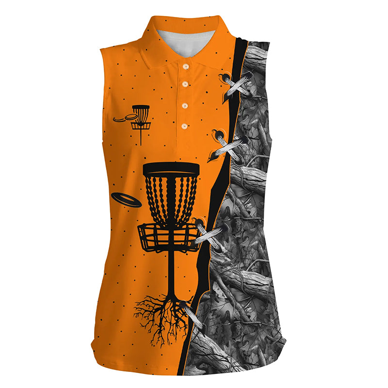 Womens sleeveless disc golf polo shirt black camo disc golf hole disc golf team shirt | Orange NQS6416