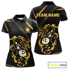 Load image into Gallery viewer, Black and Gold Flame Dragon Bowling Polo, 1/4 Zip Shirt for Women Custom Bowling Team League Jersey NQS10904