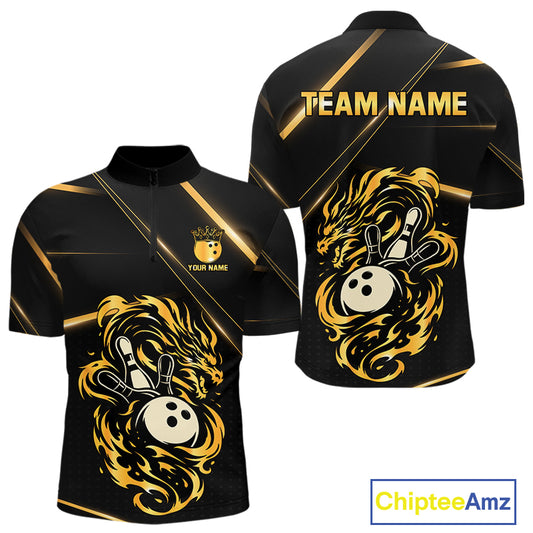 Black and Gold Flame Dragon Bowling Polo, Quarter Zip Shirt for Men Custom Bowling Team League Jersey NQS10904