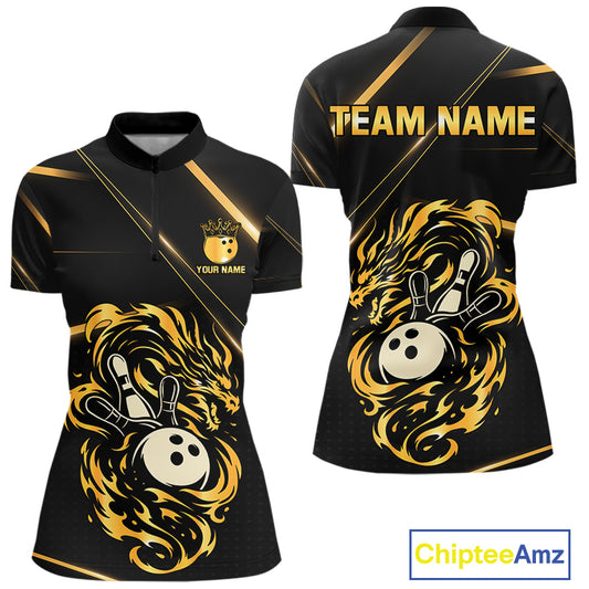 Black and Gold Flame Dragon Bowling Polo, 1/4 Zip Shirt for Women Custom Bowling Team League Jersey NQS10904