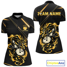 Load image into Gallery viewer, Black and Gold Flame Dragon Bowling Polo, 1/4 Zip Shirt for Women Custom Bowling Team League Jersey NQS10904