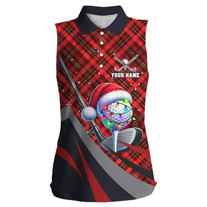 Red Plaid Christmas pattern Golf ball clubs Women sleeveless polo Shirt custom Xmas ladies golf outfit NQS8984