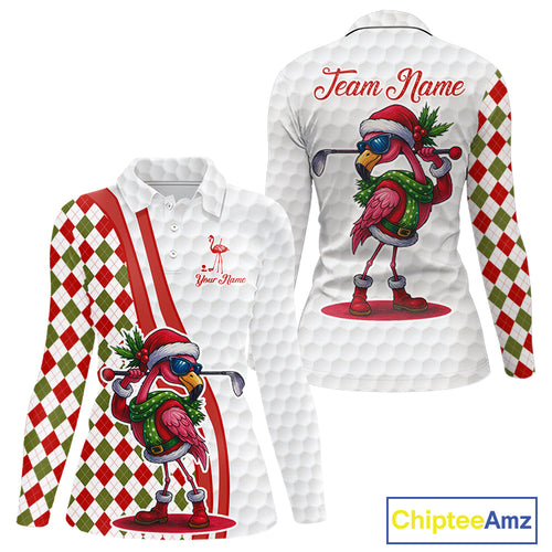 Funny Christmas Flamingo Women golf polo shirt custom red, green and white argyle pattern golf shirts NQS11086