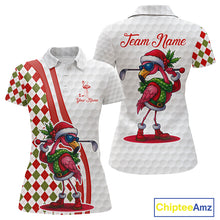 Load image into Gallery viewer, Funny Christmas Flamingo Women golf polo shirt custom red, green and white argyle pattern golf shirts NQS11086