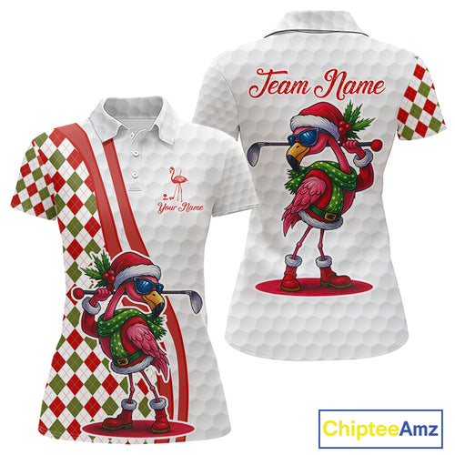Funny Christmas Flamingo Women golf polo shirt custom red, green and white argyle pattern golf shirts NQS11086