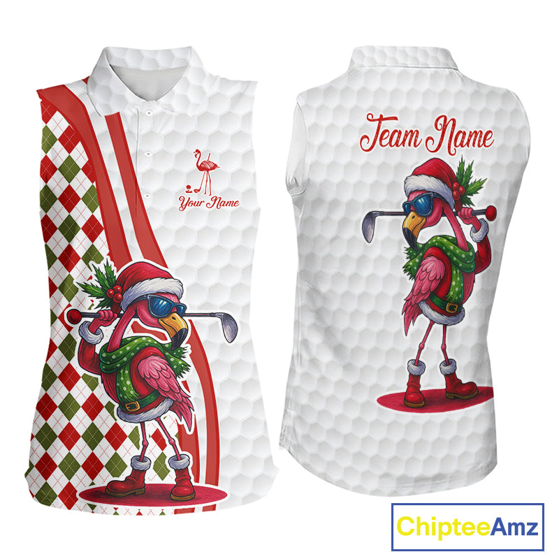 Funny Christmas Flamingo Women sleeveless polos custom red, green and white argyle pattern golf shirt NQS11086
