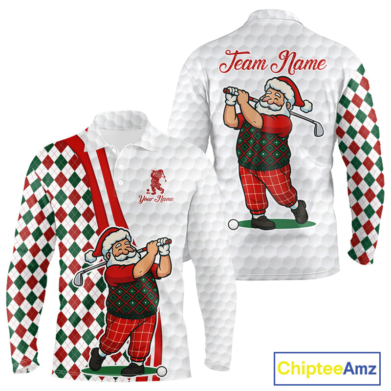 Funny Christmas Santa Golf polo shirt for men custom red, green and white argyle pattern golf shirts NQS11089