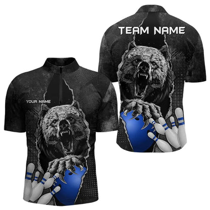 Black Bear grunge pattern Custom Men Bowling Polo, 1/4 Zip Shirts Bowling Team Jerseys Outfits | Blue NQS9407