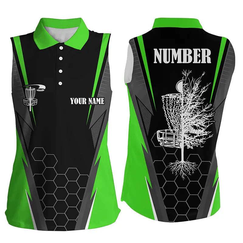 Womens disc golf sleeveless polo shirt custom frisbee golf shirt, disc basket gifts | Green NQS7497