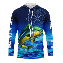 Load image into Gallery viewer, Personalized Mahi mahi Saltwater Blue Long Sleeve Performance Fishing Shirts, Dorado tournament Shirt NQS5785