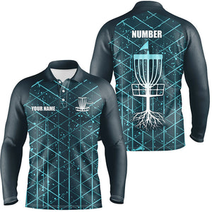 Blue turquoise Abstract Line Grunge Pattern Mens Disc golf polo shirts custom team disc golf clothes NQS8083