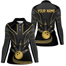 Load image into Gallery viewer, Personalized Women Bowling Polo, Quarter Zip Shirt Black Gold Women Bowlers Custom Team Bowling Jersey NQS8313