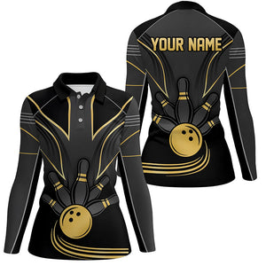 Personalized Women Bowling Polo, Quarter Zip Shirt Black Gold Women Bowlers Custom Team Bowling Jersey NQS8313