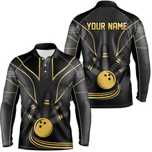 Load image into Gallery viewer, Personalized Men Bowling Polo, Quarter Zip Shirt Black and Gold Men Bowlers Custom Team Bowling Jersey NQS8313