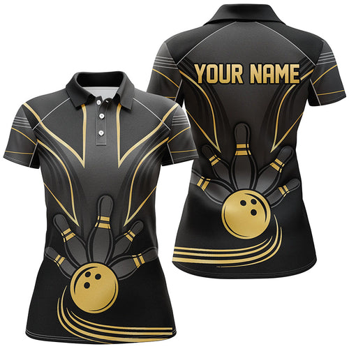 Personalized Women Bowling Polo, Quarter Zip Shirt Black Gold Women Bowlers Custom Team Bowling Jersey NQS8313
