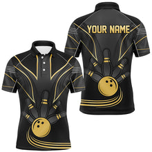 Load image into Gallery viewer, Personalized Men Bowling Polo, Quarter Zip Shirt Black and Gold Men Bowlers Custom Team Bowling Jersey NQS8313