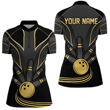 Load image into Gallery viewer, Personalized Women Bowling Polo, Quarter Zip Shirt Black Gold Women Bowlers Custom Team Bowling Jersey NQS8313