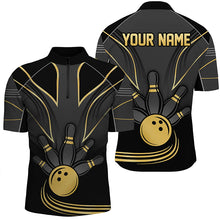 Load image into Gallery viewer, Personalized Men Bowling Polo, Quarter Zip Shirt Black and Gold Men Bowlers Custom Team Bowling Jersey NQS8313