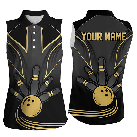 Personalized Women Bowling Sleeveless Polos Black & Gold Ladies Bowlers Custom Team Bowling Jersey NQS8313