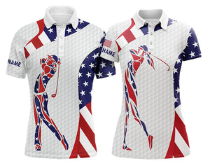 Personalized American flag patriotic matching golf polos for couples, Valentine golf gifts NQS4177