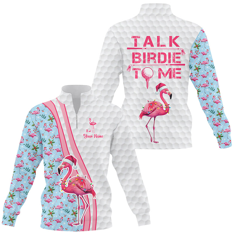 Funny Quarter zip golf sweatshirt custom pink flamingo blue Christmas golf sweater talk birdie to me NQS8992