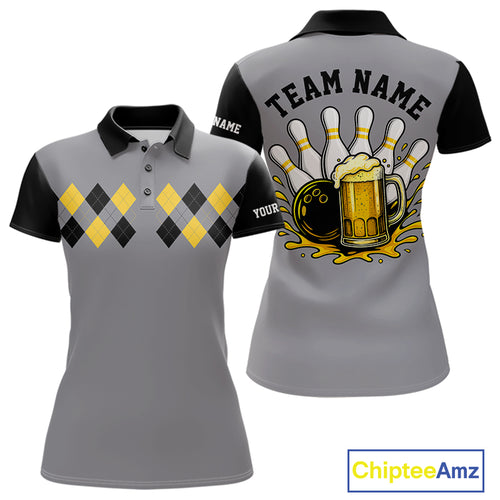 Black & Yellow argyle pattern retro Women Bowling Shirts Custom Bowling and Beer Team Jersey | Gray NQS11095
