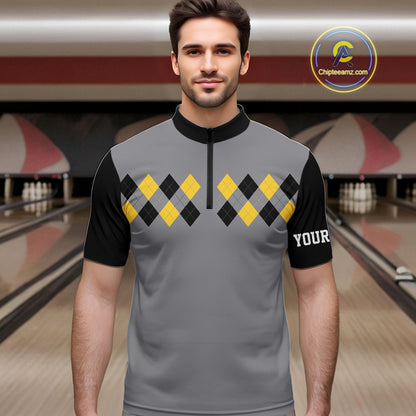 Black & Yellow argyle pattern retro Bowling Shirts For Men Custom Bowling and Beer Team Jersey | Gray NQS11095