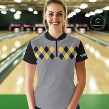 Load image into Gallery viewer, Black &amp; Yellow argyle pattern retro Women Bowling Shirts Custom Bowling and Beer Team Jersey | Gray NQS11095