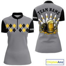 Load image into Gallery viewer, Black &amp; Yellow argyle pattern retro Women Bowling Shirts Custom Bowling and Beer Team Jersey | Gray NQS11095