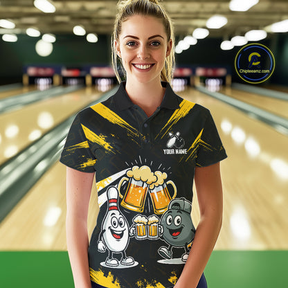Custom Black And Yellow Funny Beer Bowling Women Polo, Quarter Zip Shirts, funny bowling shirts NQS11098