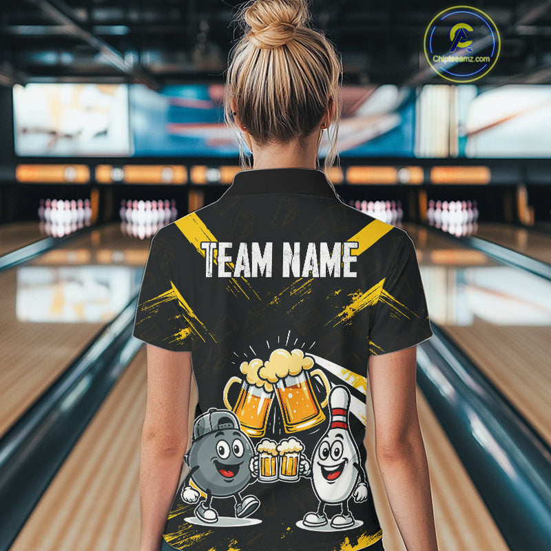 Custom Black And Yellow Funny Beer Bowling Women Polo, Quarter Zip Shirts, funny bowling shirts NQS11098