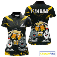 Load image into Gallery viewer, Custom Black And Yellow Funny Beer Bowling Women Polo, Quarter Zip Shirts, funny bowling shirts NQS11098