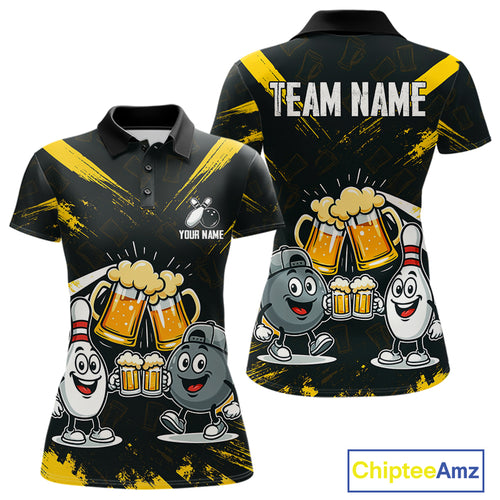 Custom Black And Yellow Funny Beer Bowling Women Polo, Quarter Zip Shirts, funny bowling shirts NQS11098