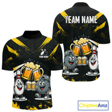 Load image into Gallery viewer, Custom Black And Yellow Funny Beer Bowling Men Polo, Quarter Zip Shirts, funny bowling shirts NQS11098
