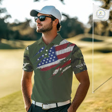 Load image into Gallery viewer, American Flag Green camo Mens Golf polo shirts Custom patriotic golf attire for men NQS11289